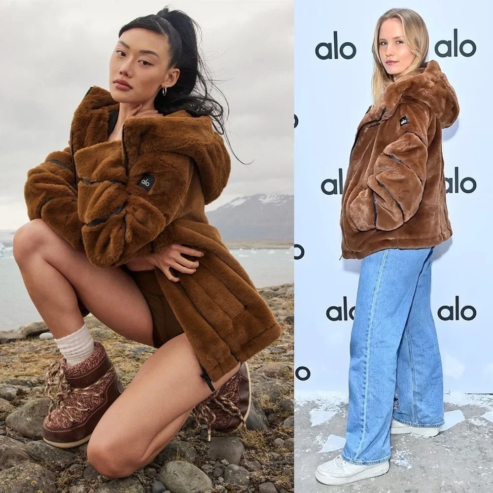ALO Yoga Knockout Faux Fur Hooded Oversized Coat Jacket Chocolate Brown